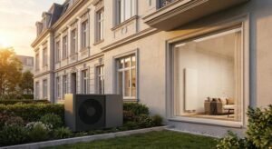 Modern air-source heat pump outside a classic renovated building with a visible indoor radiator.