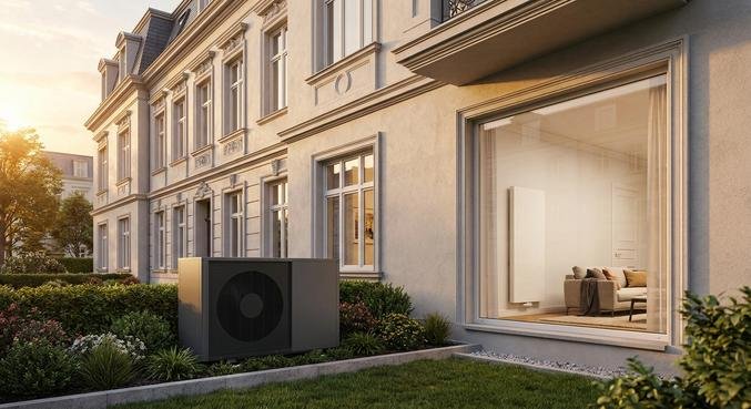 Modern air-source heat pump outside a classic renovated building with a visible indoor radiator.