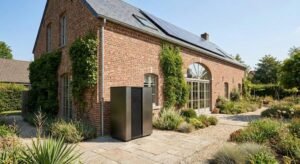 A modern heat pump unit installed outside a classic brick building, representing energy-efficient retrofitting for old houses.