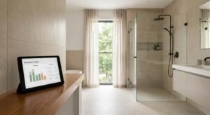 A modern, minimalist bathroom renovation featuring high-end tiles, matte black fixtures, and a digital cost calculator tablet.
