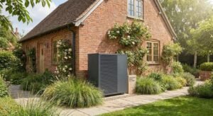 A modern air-source heat pump unit installed in front of a renovated traditional brick house.