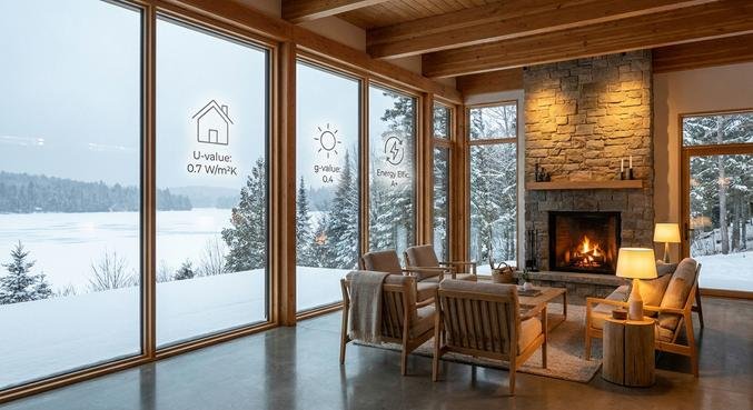 Modern energy-efficient window in a cozy living room with digital icons showing thermal insulation and U-value metrics.