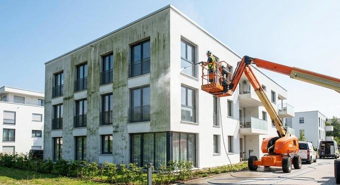Professional facade cleaning using a hydraulic lift platform instead of scaffolding on a modern residential building.