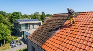 Professional roof cleaning in progress, showing the contrast between moss-covered tiles and clean, restored roofing on a house.