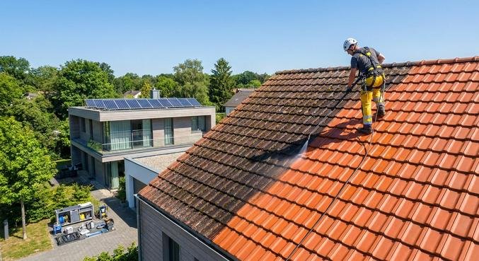Professional roof cleaning in progress, showing the contrast between moss-covered tiles and clean, restored roofing on a house.