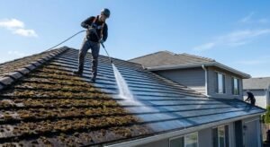 A professional cleaning service removing moss and dirt from a house roof with a high-pressure water jet.