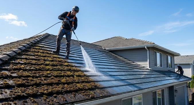A professional cleaning service removing moss and dirt from a house roof with a high-pressure water jet.
