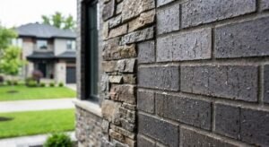 Water droplets beading off a treated stone facade, illustrating the effects of professional facade impregnation.