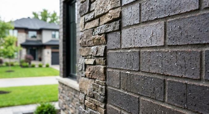 Water droplets beading off a treated stone facade, illustrating the effects of professional facade impregnation.