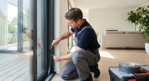 A professional technician installing a modern, energy-efficient window with precise RAL-compliant sealing in a bright home.