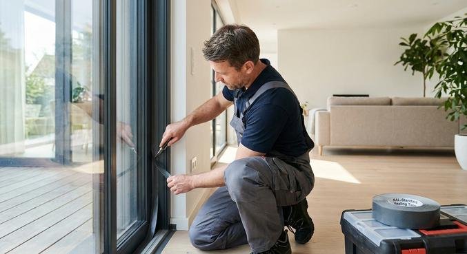 A professional technician installing a modern, energy-efficient window with precise RAL-compliant sealing in a bright home.