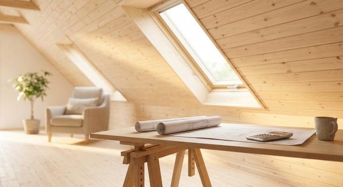 Modern attic interior with a large skylight, natural sunlight, and blueprints on a table for renovation planning.