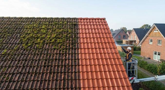 Professional roof cleaning and sealing service on a residential house, showing moss removal and shiny clean tiles.