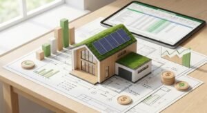 Modern house model on blueprints with financial charts and coins, illustrating 2024 construction cost planning.
