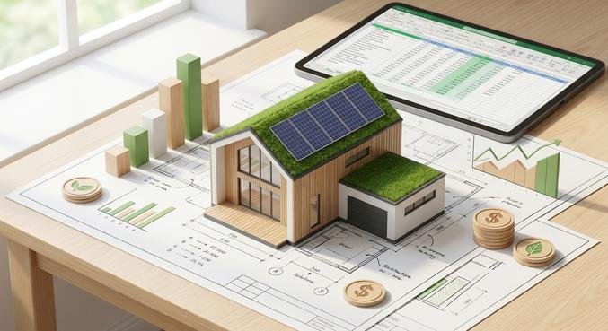 Modern house model on blueprints with financial charts and coins, illustrating 2024 construction cost planning.