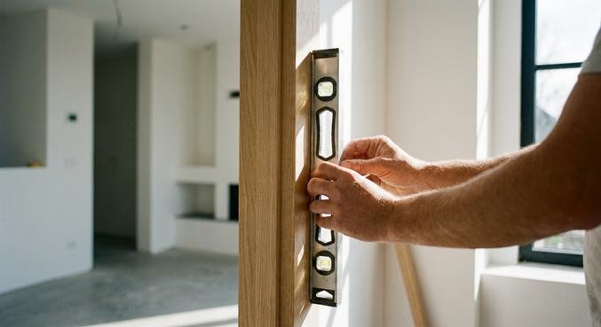 A person precisely aligning a modern wooden interior door frame using a spirit level during installation.