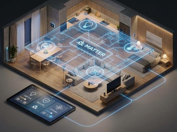 3D isometric illustration of a modern smart home with digital icons representing connected devices and the Matter standard.
