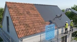 A modern house roof with a split view of old and newly coated tiles alongside a cost calculator icon.