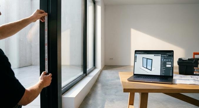 A person measuring a window with a tape measure beside a laptop showing a window configuration tool.