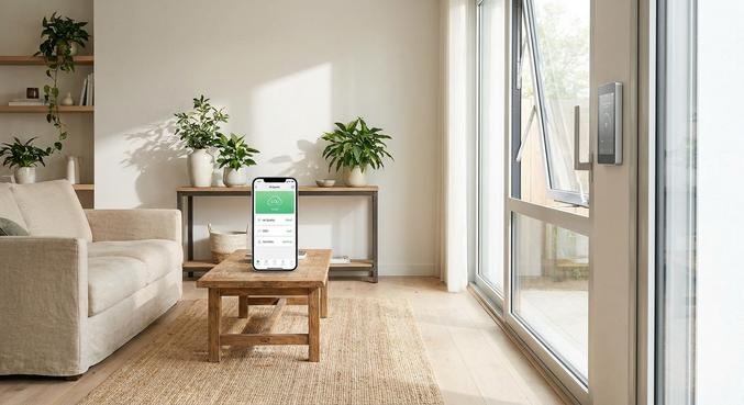 A smart window actuator automatically opening a window in a modern, sunlit living room for fresh air.