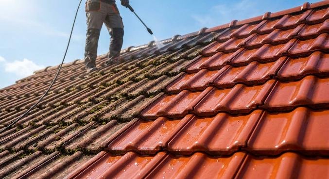 A side-by-side comparison of a dirty, moss-covered roof next to a clean, professionally sealed roof under bright sunlight.