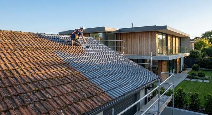 A professional roofer applying a protective coating to a house roof, showing the transition from old to new.