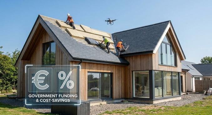 Modern house undergoing a professional roof renovation with new anthracite tiles, representing costs and energy-efficient funding.