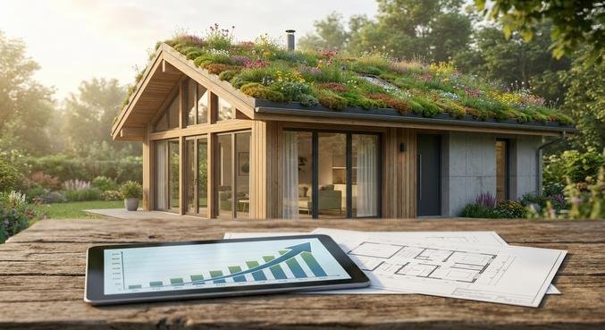 A lush green roof on a modern residential building, featuring succulents and wildflowers under bright sunlight.