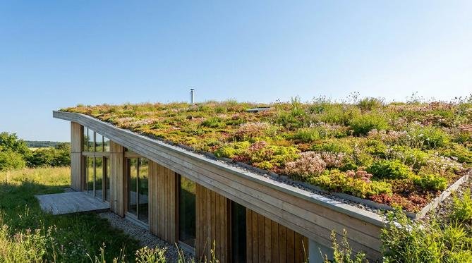A modern house with a vibrant green roof featuring various succulents and plants under a clear blue sky.