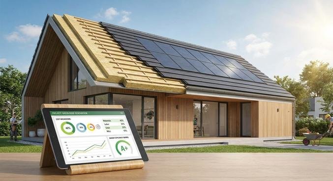 Professional roof renovation with modern insulation, dark tiles, and solar panels, illustrating costs and energy efficiency.
