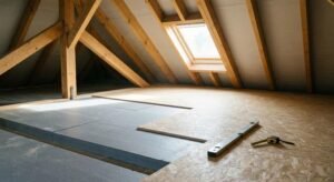 A well-lit attic showing walkable insulation layers being covered with wooden floor panels for storage.