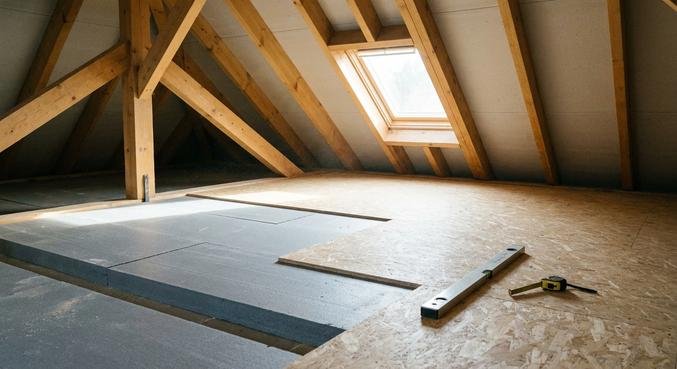 A well-lit attic showing walkable insulation layers being covered with wooden floor panels for storage.