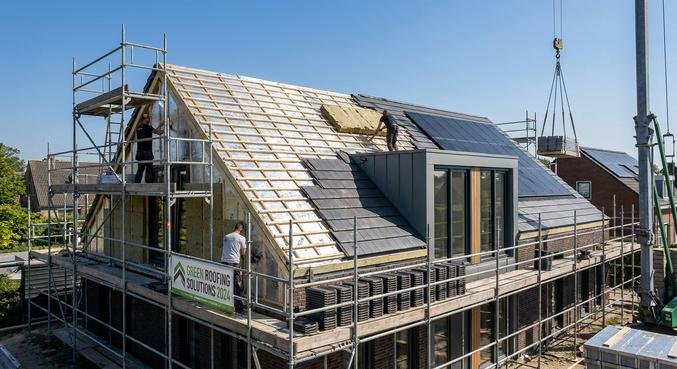 Modern roof renovation showing new anthracite tiles and high-quality thermal insulation layers on a residential building.