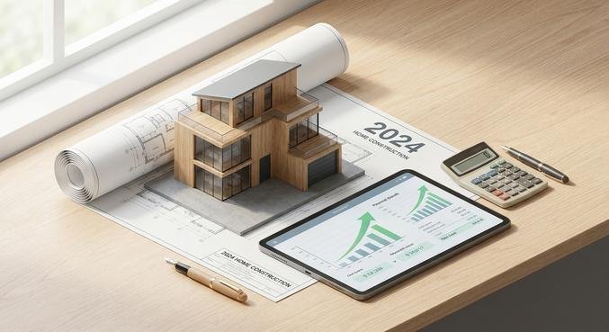 Modern house model on blueprints with a tablet showing cost charts, representing 2024 construction price planning.