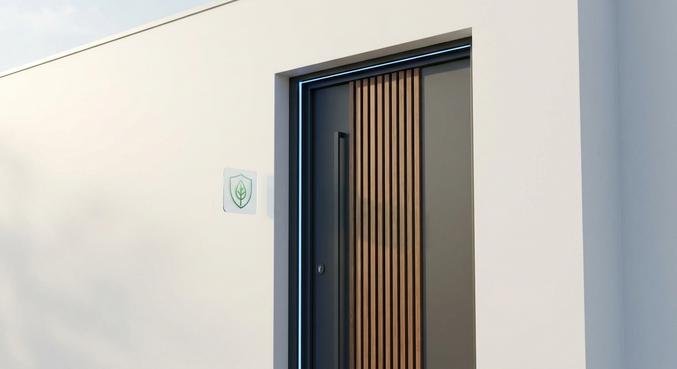 A modern energy-efficient front door with a glowing insulation border and green leaf icons for thermal protection.