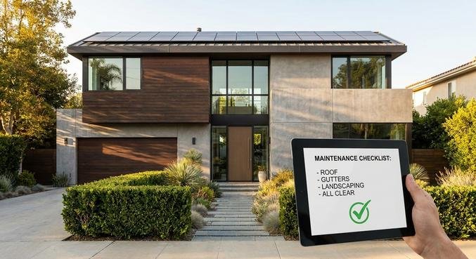 A well-maintained modern house with a clean facade and lush garden, representing external property care.