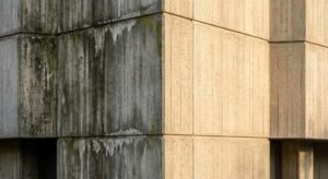 A comparison of a weathered concrete facade and a professionally cleaned, bright concrete surface.