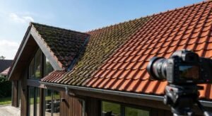 Split view of a residential roof showing the transformation from mossy and dirty to clean and protected.