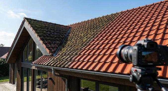 Split view of a residential roof showing the transformation from mossy and dirty to clean and protected.