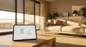 A tablet showing a smart home interface for controlling window shutters in a modern, sunlit living room.
