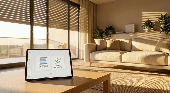 A tablet showing a smart home interface for controlling window shutters in a modern, sunlit living room.