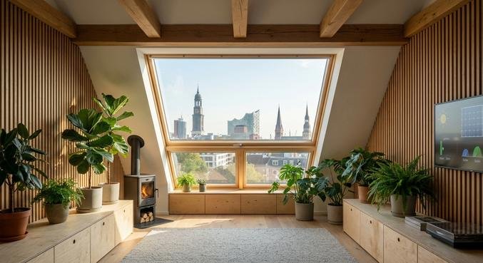 Modern energy-efficient roof window in a bright Hamburg attic with a view of the city skyline.