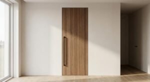 Sleek modern interior door with wood grain texture and minimalist black handle in a bright, contemporary home setting.
